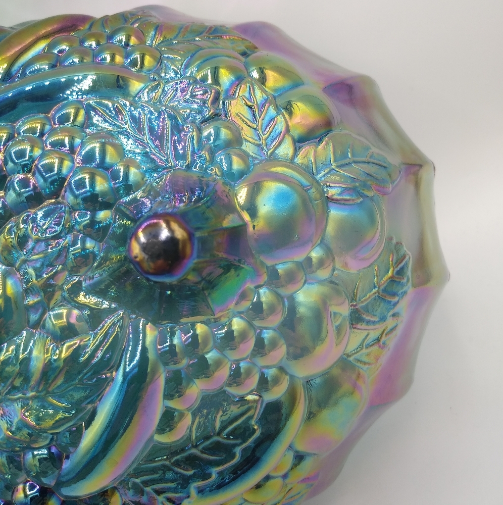 Indiana Glass Harvest Grapes Carnival Iridescent Blue Footed Large Oval Bowl - Picture 5 of 11
